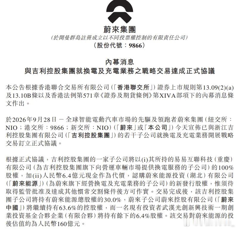 吉利收购蔚来换电业务 30%股权。这意味着，蔚来换电要进去对外输出阶段。后续吉利
