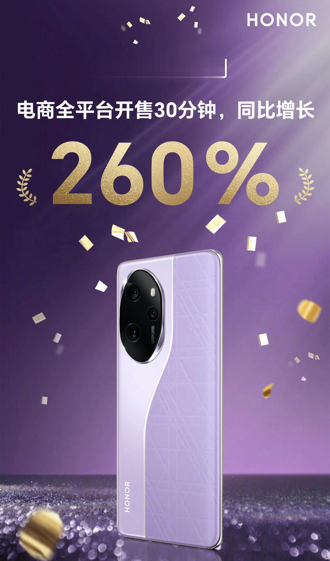 荣耀100系列首销战报出炉！

电商全平台开售30分钟，同比增长260%，大家觉