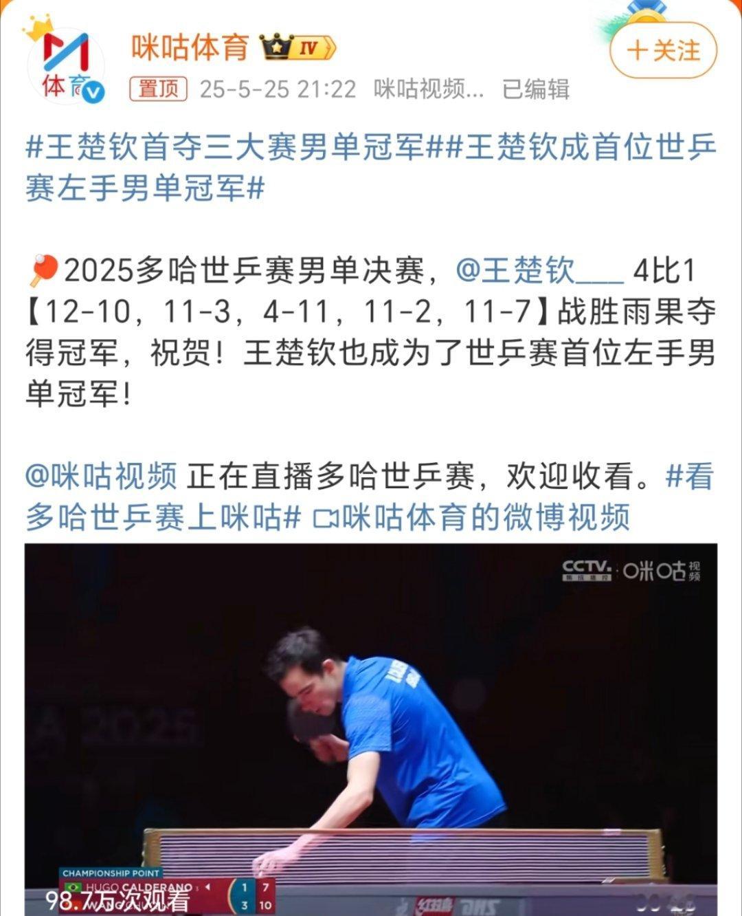 王楚钦vs雨果恭喜大头成功夺冠，首夺世乒赛男单冠军，继续加油！ ​​​