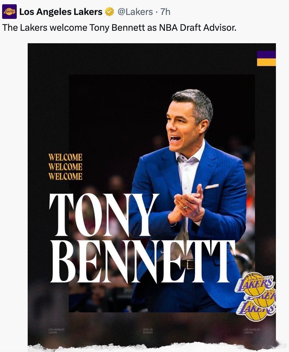 湖人请来前弗吉尼亚大学主教练Tony Bennett做球队的选秀顾问。这是一个很