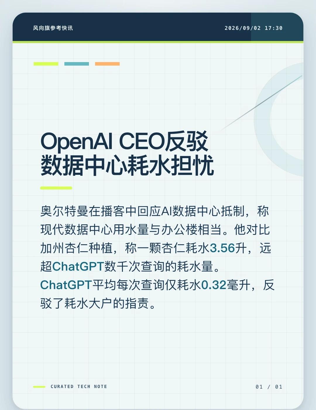 奥尔特曼以加州杏仁作比，反驳数据中心耗水担忧，称ChatGPT单次查询仅耗水0.