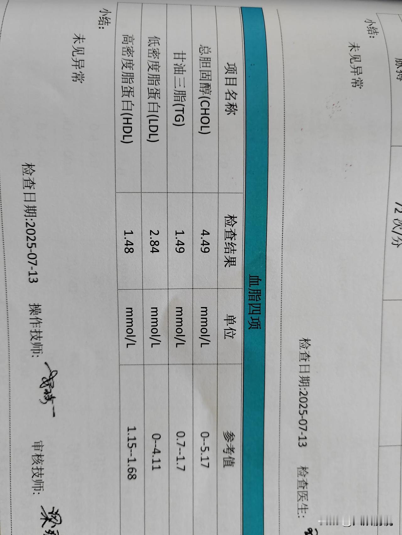 前几天化验血脂，惊喜地发现血脂几项都正常了
  我的血脂不正常已经六、七年了，刚