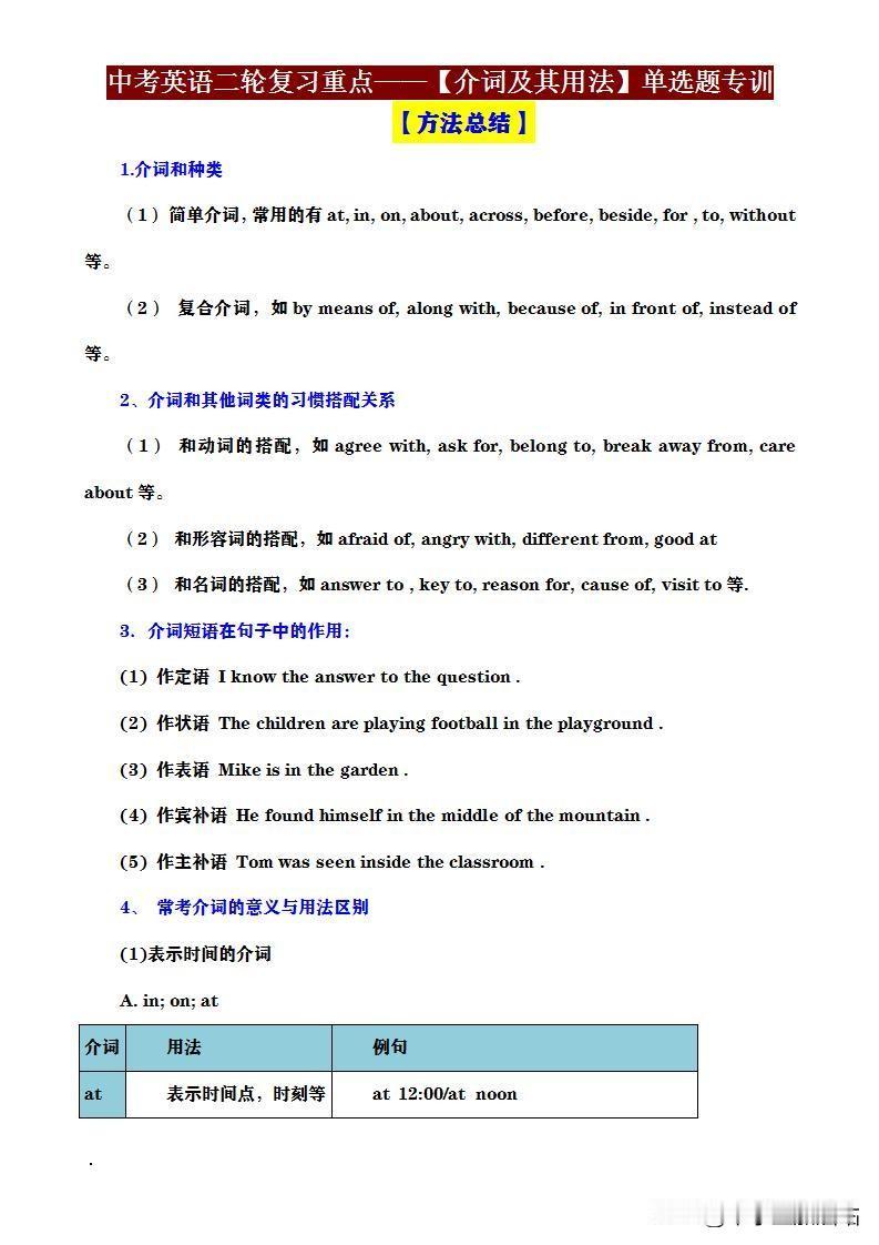 中考英语逆袭，介词资料是“神器”
    中考生家长们，新学期英语备考进入关键期