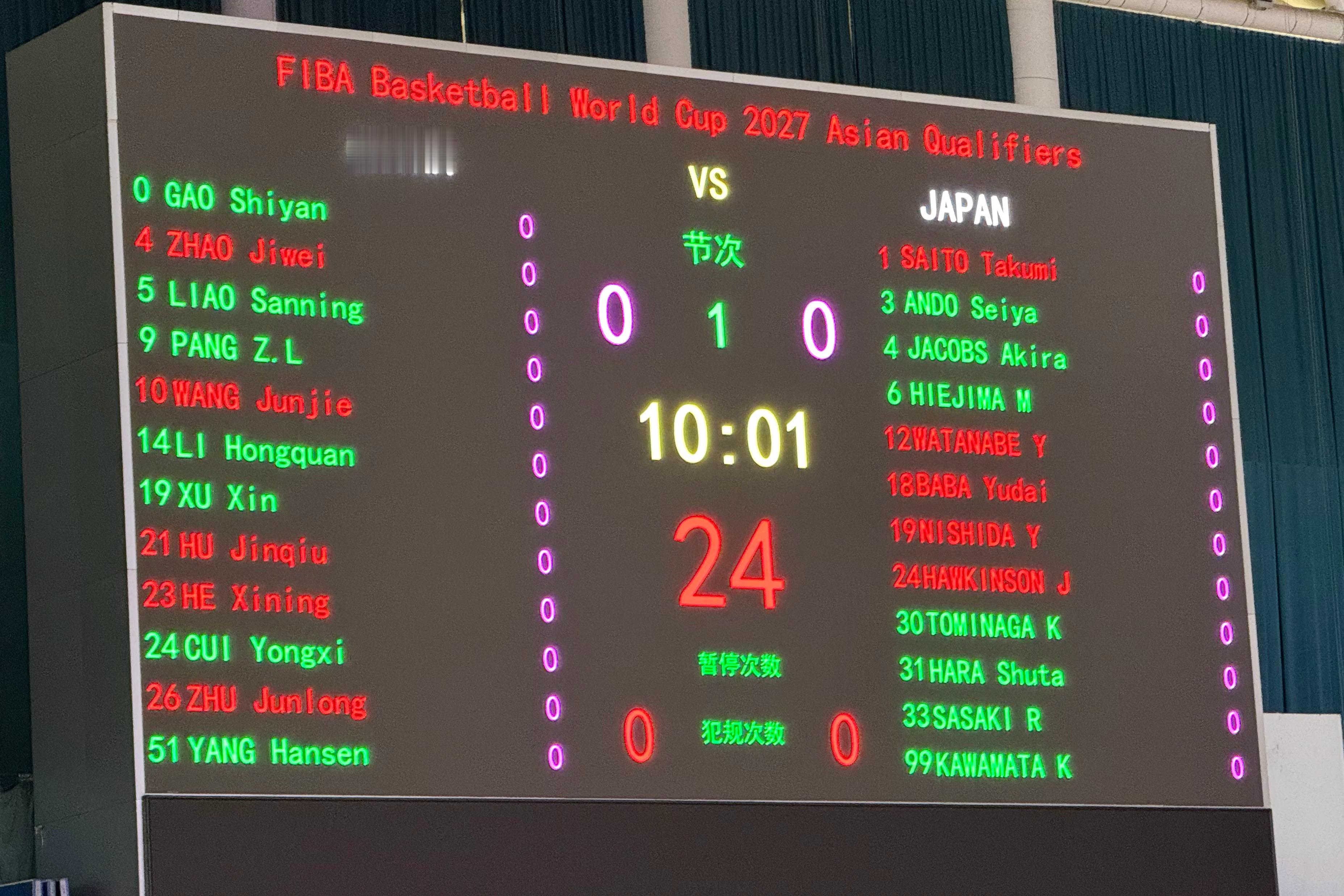 首发：赵继伟、贺希宁、朱俊龙、王俊杰、胡金秋中国男篮vs日本男篮