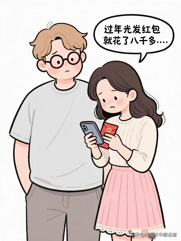 搞笑漫画：老婆翻手机算了半天，愁眉苦脸地说：“过年光发红包就花了八千多……” 老