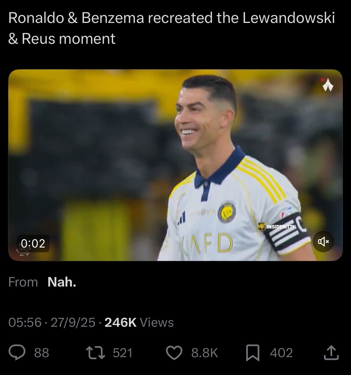 “C罗和本泽马复刻了莱万&罗伊斯时刻”感觉外网很爱把麻花和dfs放在一起磕，之前