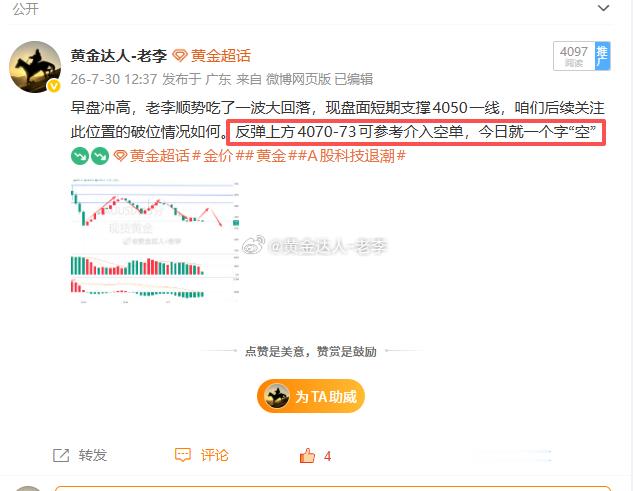 聪明的朋友先享受！午间老李给到4070-73看空的观点，行情上行4072.9，现