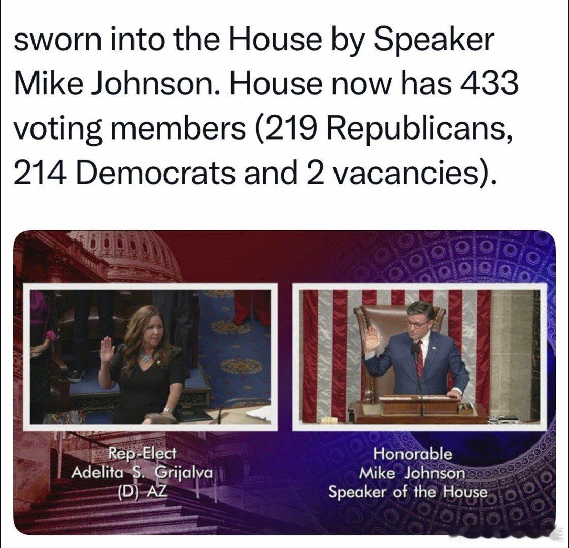 Arizona议员今天宣誓就职后，众院共433成员共和党占多数：219🆚214