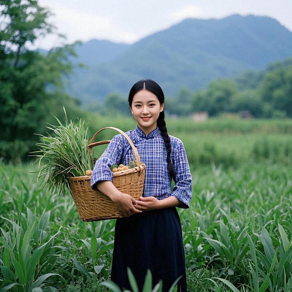 在乡间小道，少女款步而来。
小竹篓装满鲜嫩的期待，
清澈的微笑似春泉破开阴霾。