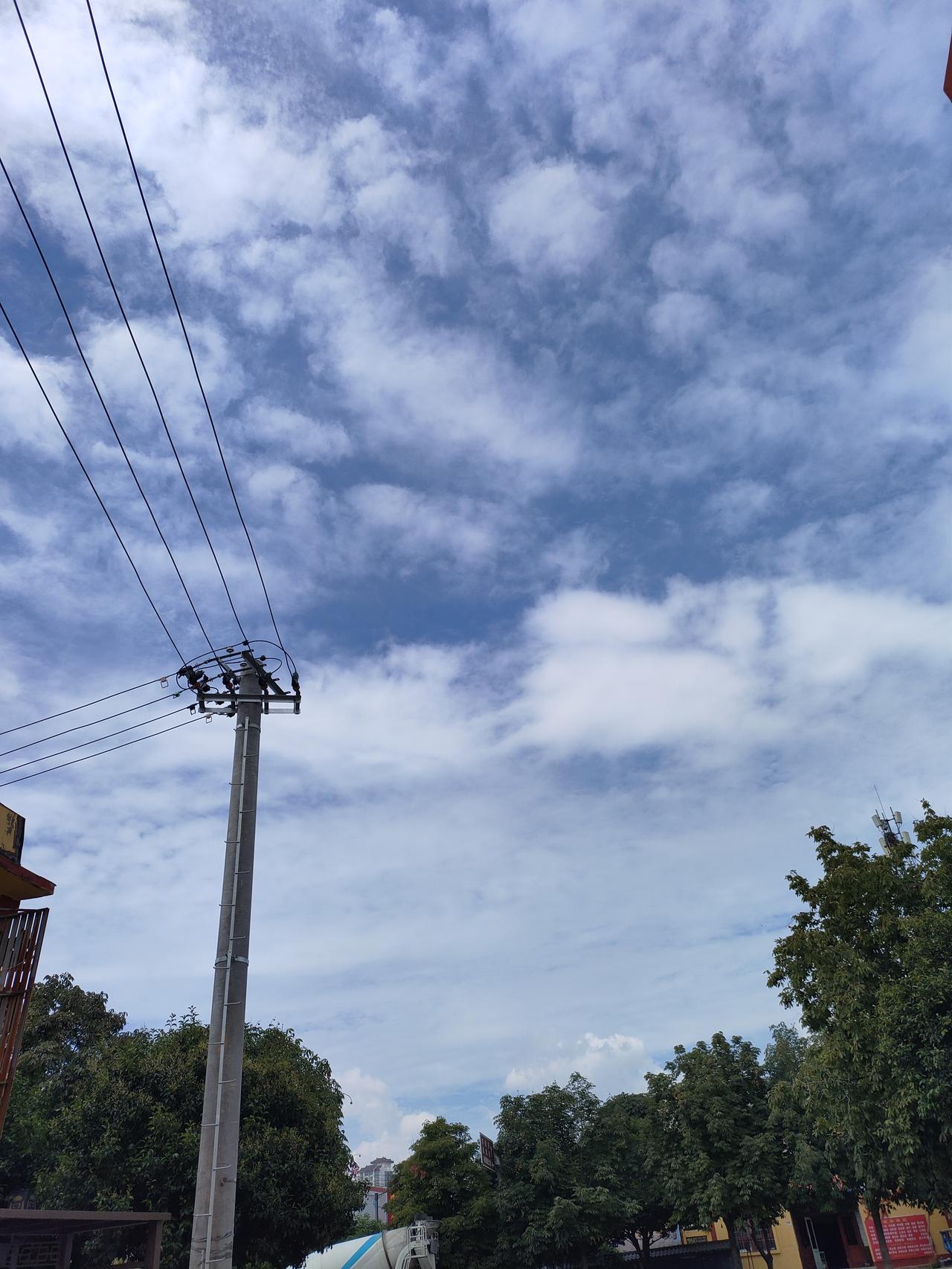 可以分享一张你拍的天空美照吗云漫长空，街树静立。人间烟火，藏在这片澄澈的蓝天白云