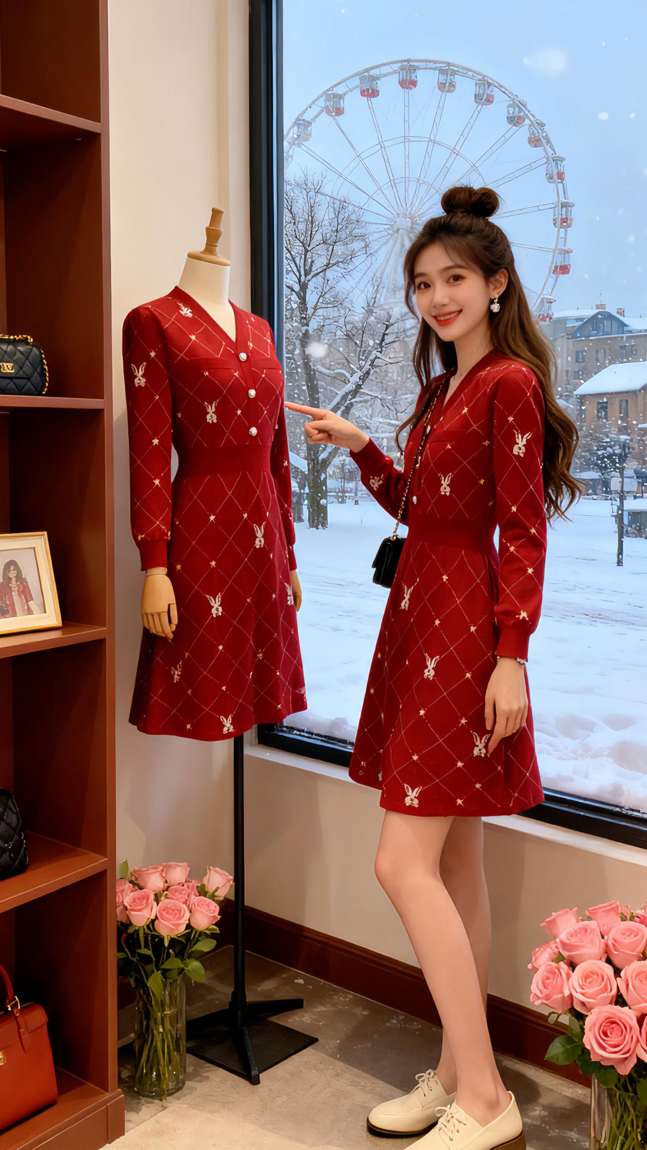 被追问了一路的秋冬红裙终于找到啦！Danny身上这条V领针织裙，小香风提花精致又