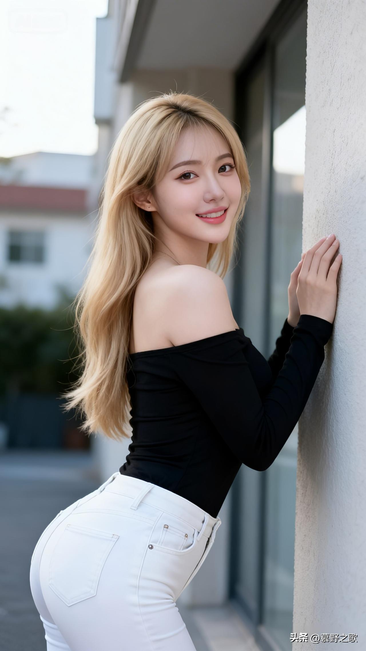 金发飞扬，黑衣白裤，她倚墙回眸，笑容灿烂如盛夏阳光。黑色露肩上衣勾勒出肩颈线条，