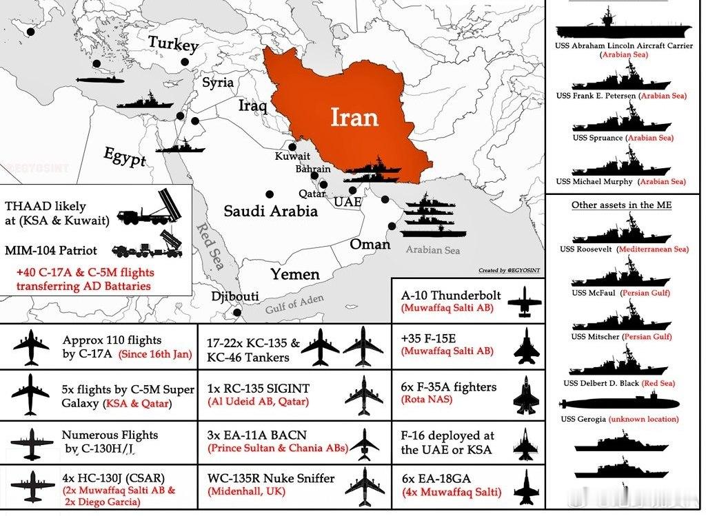 美伊对峙 截至目前，美国在中东地区军事部署的最新数据美国空军约110架次C-17