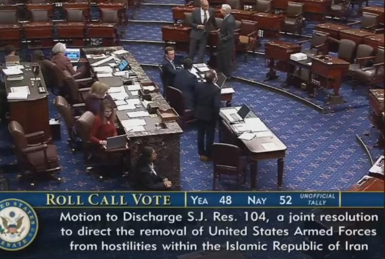 突发新闻——美国参议院以48票赞成、52票反对否决要求美军从伊朗撤出的决议，特朗
