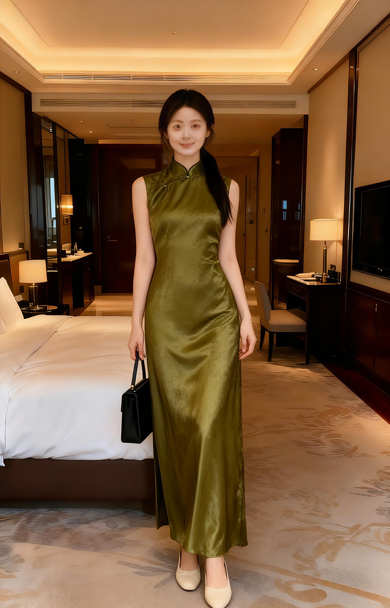 端庄典雅的旗袍如何穿出时尚?
橄榄绿的无袖改良旗袍长裙，面料带着细腻的光泽感，领