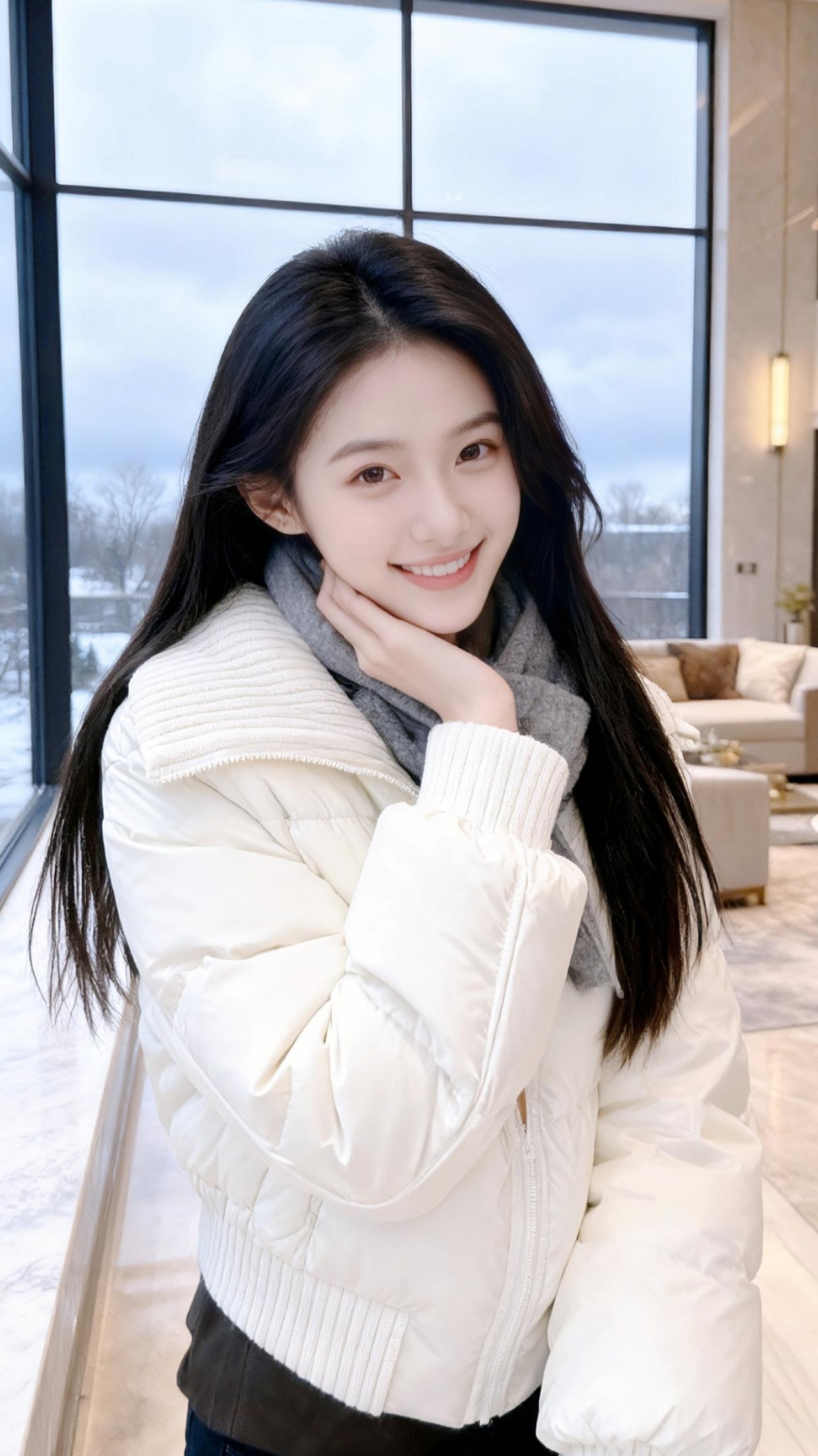 雪落时，她正倚在落地窗边。米白的羽绒外套像拢了团软云，灰围巾松松搭在颈间，长发垂