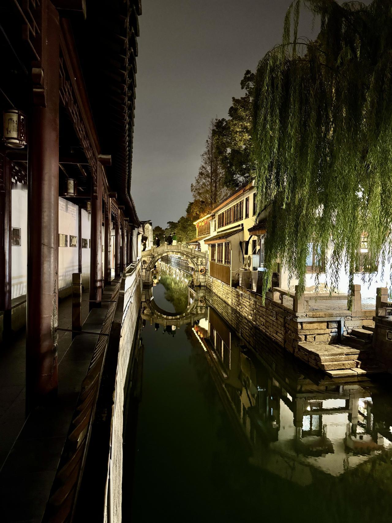 分享手机里随手拍的风景相片夜游平江路的廊下，垂杨浸在河灯的光里，连风都裹着评弹的