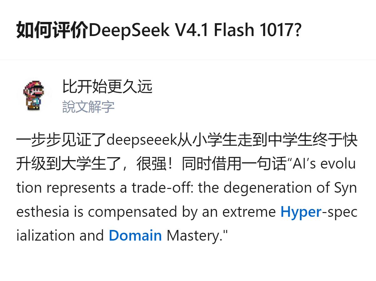 DeepSeek V4.1 Flash 1017的迭代过程被描述为从类似小学生逐