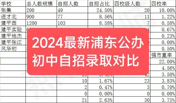 最新2024年浦东公办初中自招数据对比