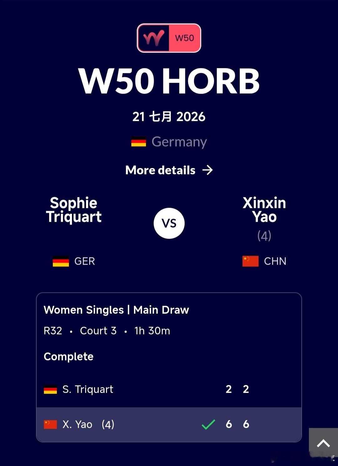 W50霍尔布站🇩🇪女单第1轮4号种子姚欣辛🇨🇳6-2/6-2战胜本土外卡