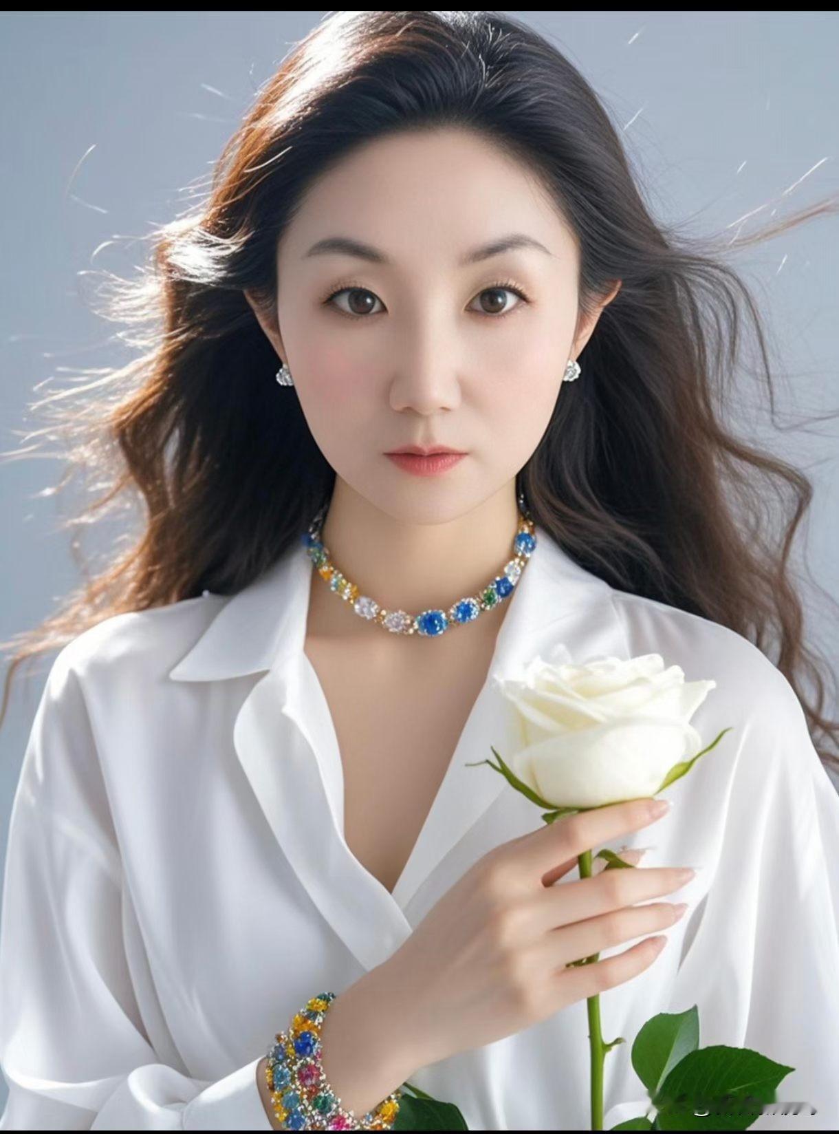 优雅白衣女子，手持玫瑰，珠宝闪耀，清新自然