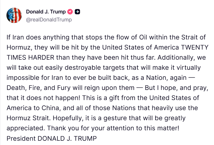 特朗普发文威胁伊朗特朗普：如果伊朗胆敢阻断霍尔木兹海峡的石油运输，美国将予以比以