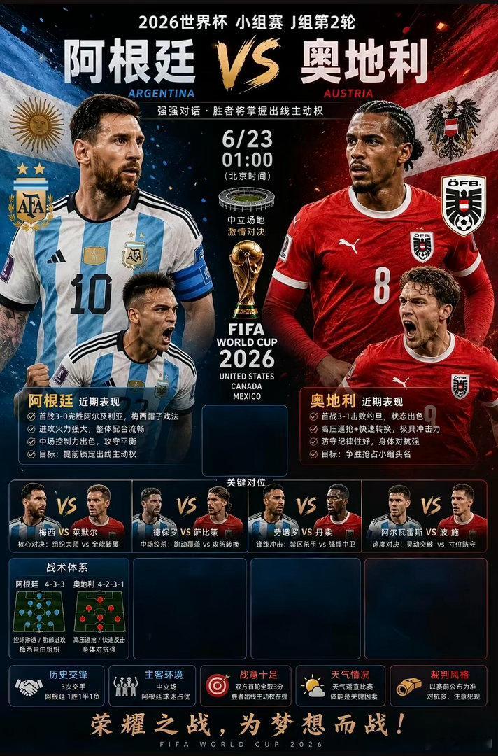 🇦🇷vs🇦🇹！榜首生死大战，熬夜必看🔥||2026世界杯 J 组第二轮