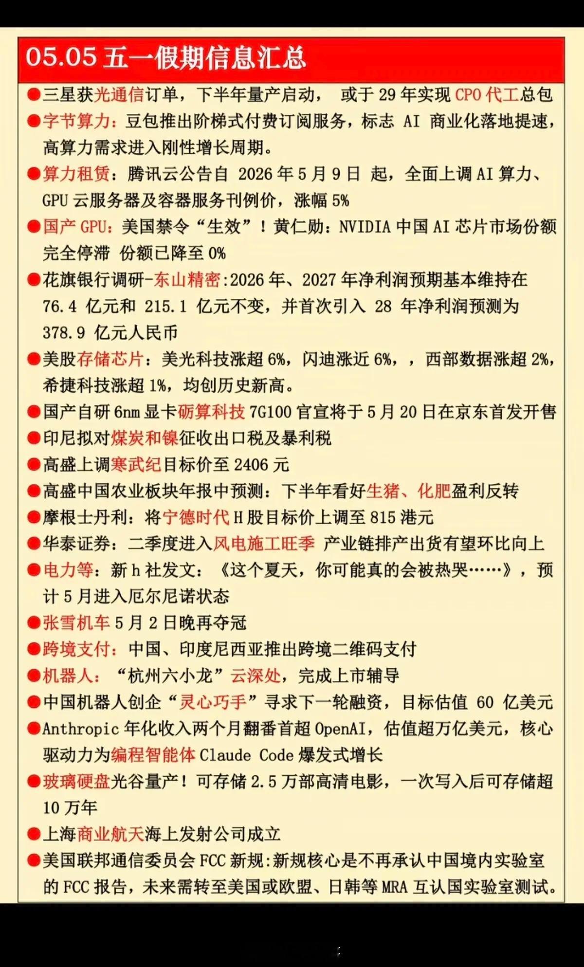 5.5周二  五一假期财经信息！1.字节算力2.国产GPU3.存储芯片（美光、闪