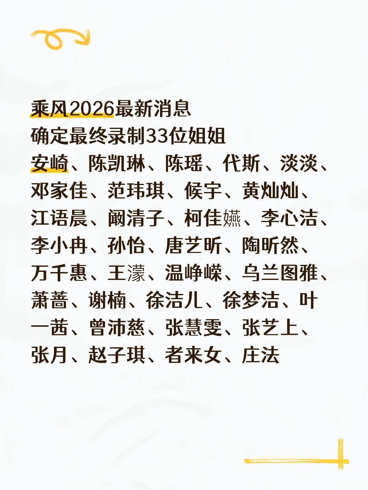 浪姐7乘风2026最新消息确定最终录制33位姐姐安崎、陈凯琳、陈瑶、代斯、淡淡、