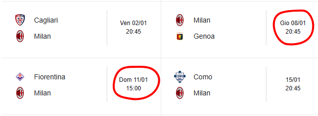 【密集赛程】米兰1月9号3点45分（当地时间8号20点45分）VS热那亚，之后仅