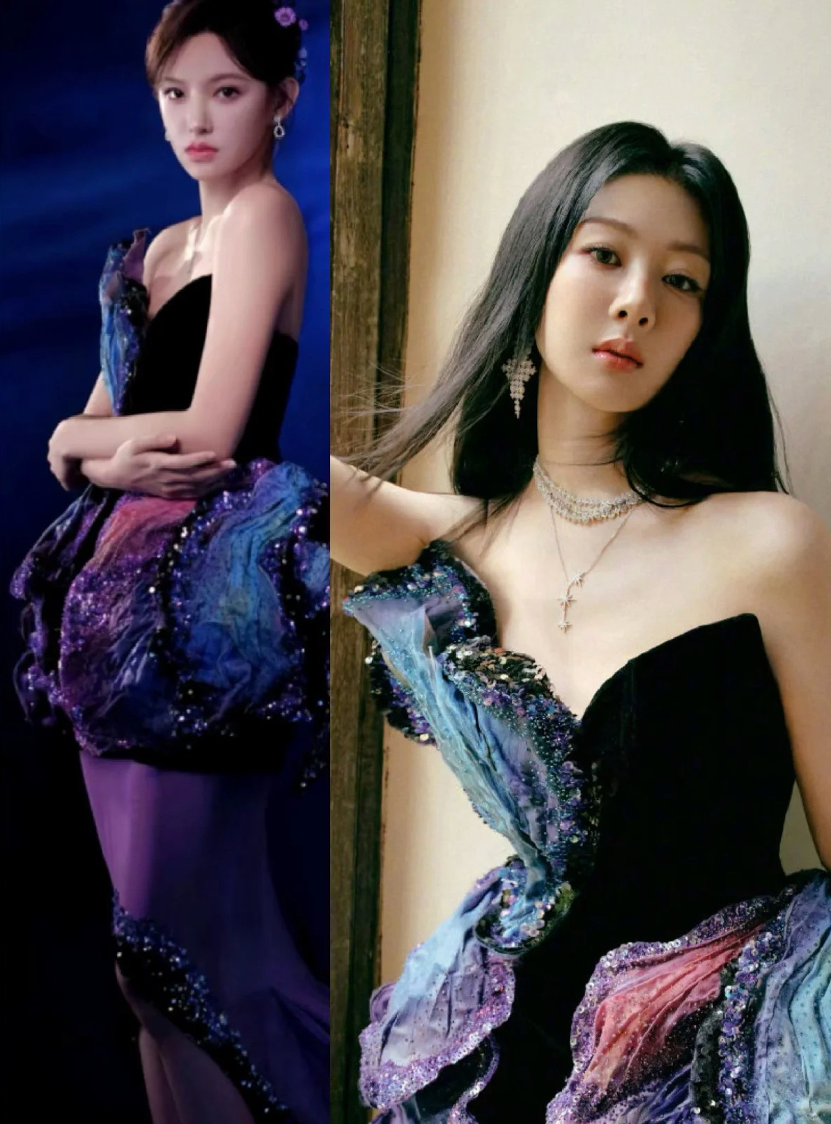 杨紫程潇穿了同款紫色抹胸礼服，两人都好美[送花花]。 