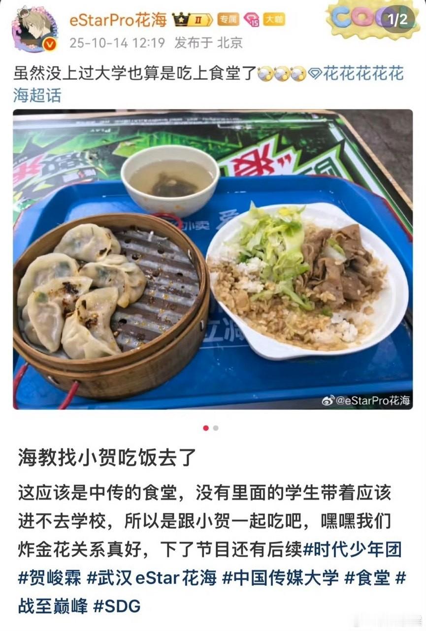 贺峻霖[超话]花海在中传和贺峻霖吃饭花海到中传找贺峻霖吃饭哇也是见到中传的饭了，