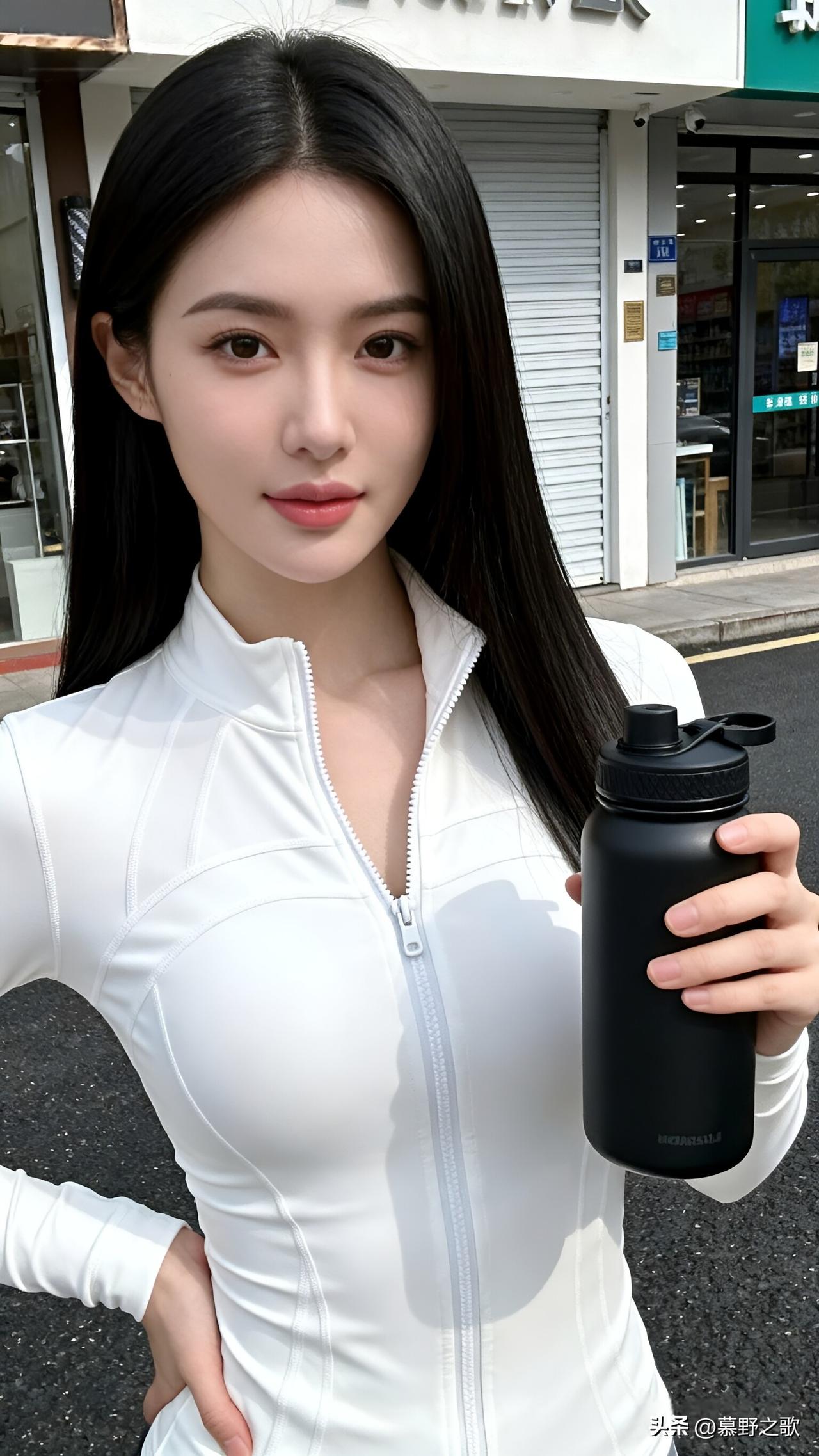 手里的黑色水壶还带着凉意，白色运动服的拉链拉到胸口，勾勒出利落的线条。站在街角，