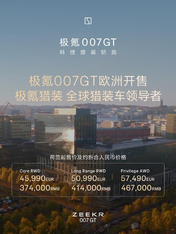 极氪007GT正式在欧洲六国（包括荷兰、德国等）开售在荷兰市场，该车型共推出3个