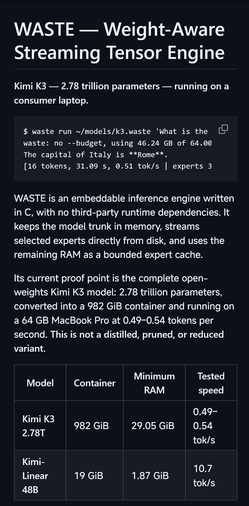让Kimi K3真的能在笔记本上跑起来的方案地址：github.com/sqli