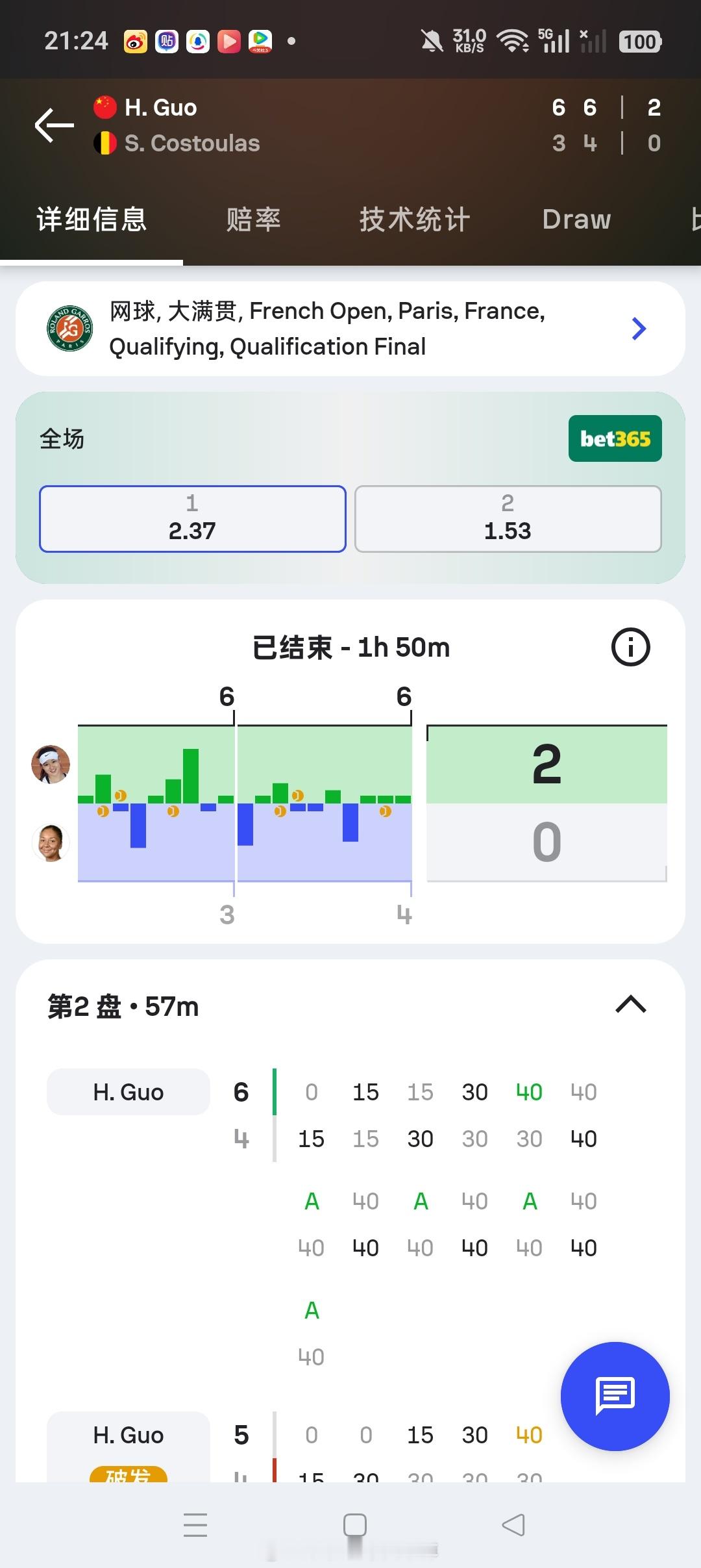小花小草资讯 【法网2026】女单资格赛决胜轮🇨🇳郭涵煜6-36-4击败🇧