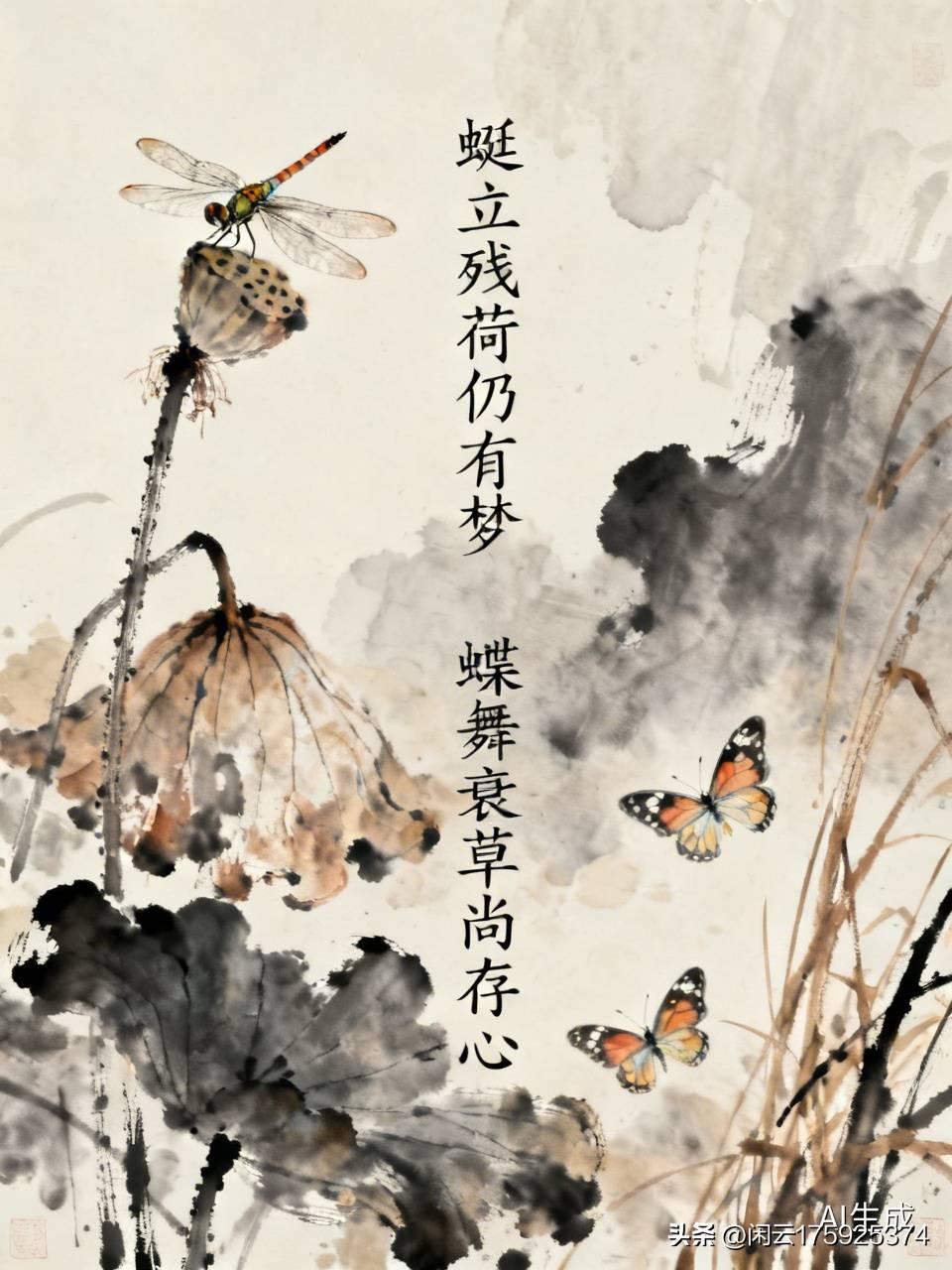 上联：蜓立残荷仍有梦，下联才友请，蝶舞衰草尚存心！[比心]