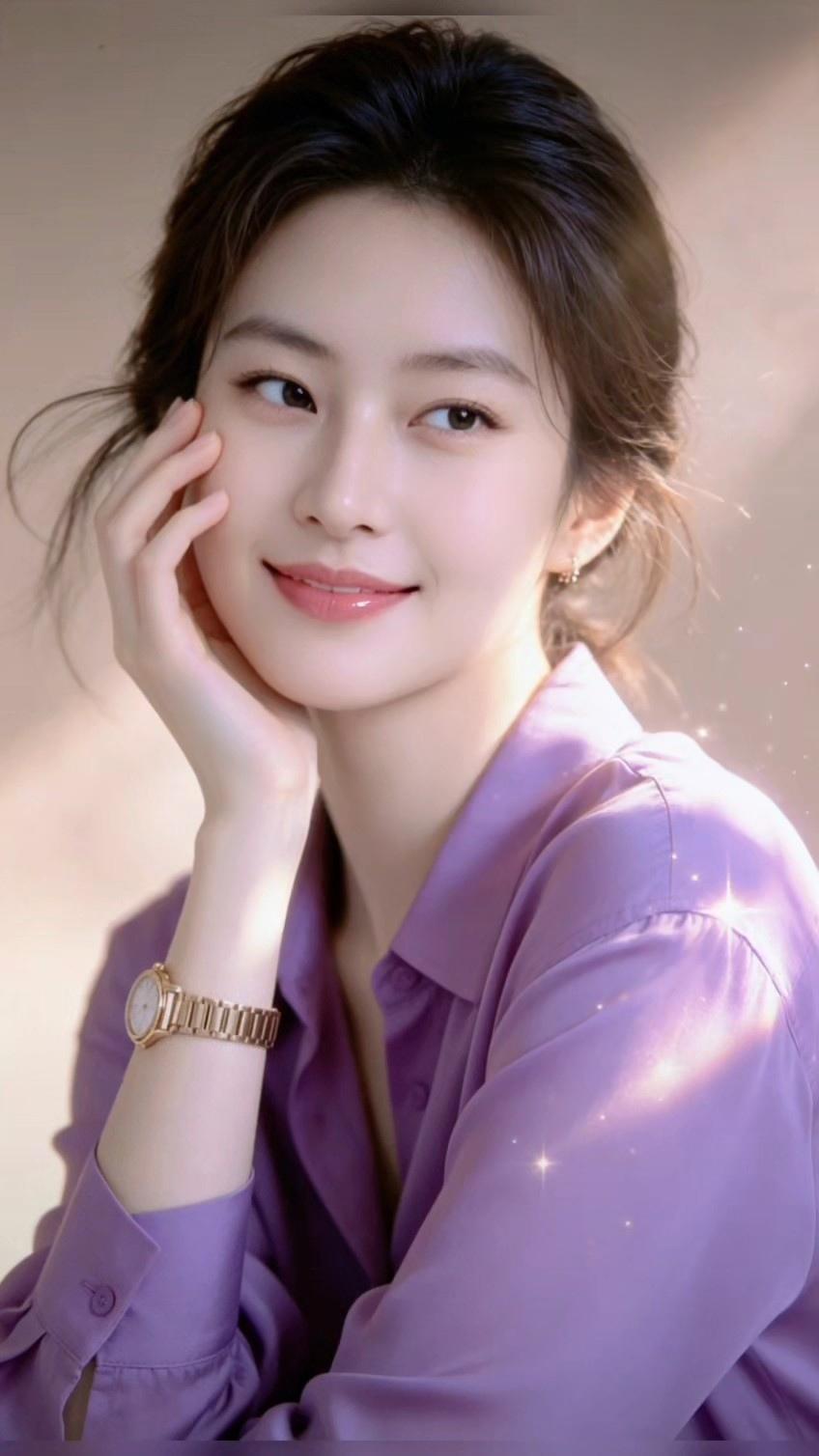 温柔甜美的少女，浅紫色衬衫，自然光下散发着温暖的光芒。