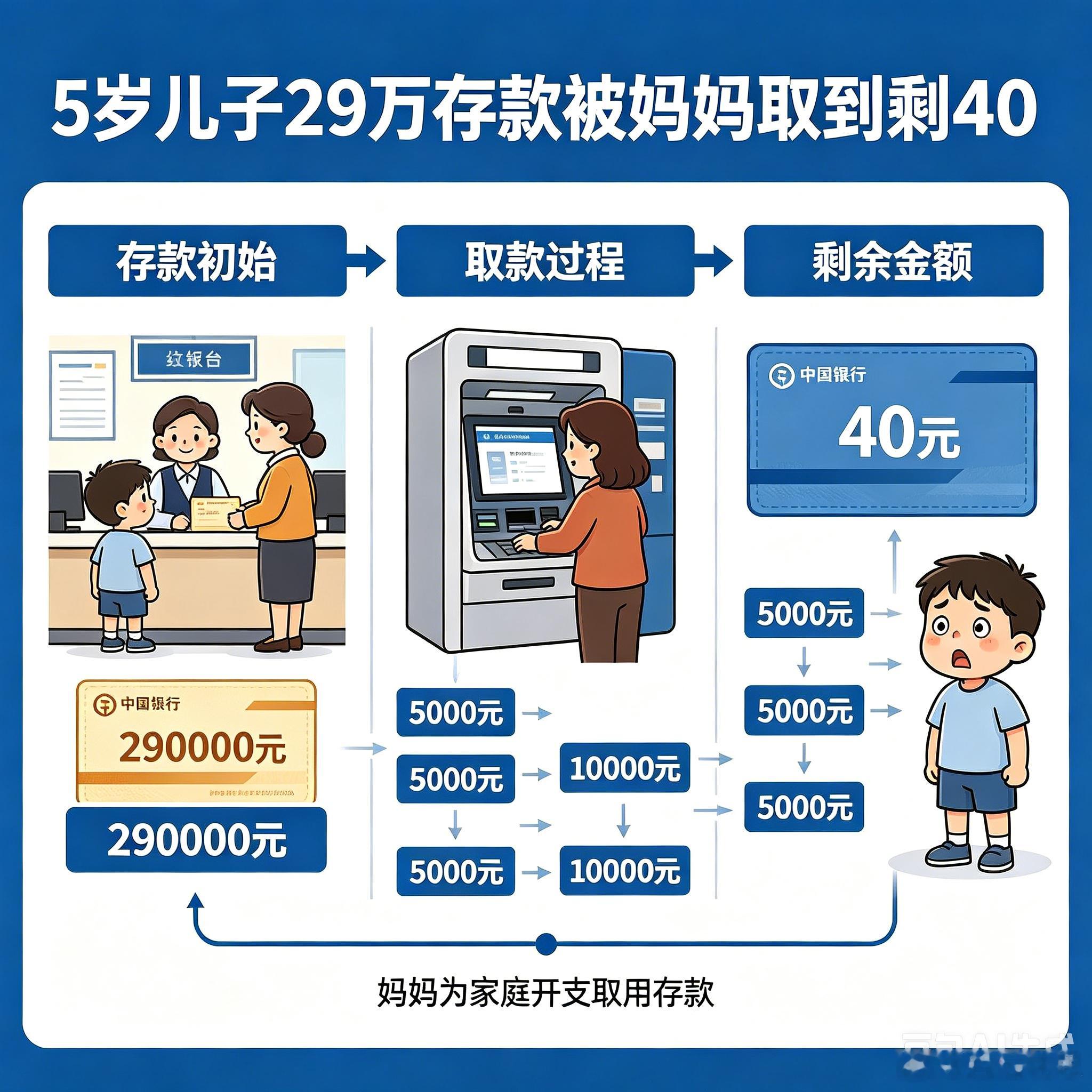 5岁儿子29万存款被妈妈取到剩40近日，上海松江法院审理了一起特殊的家庭财产纠纷