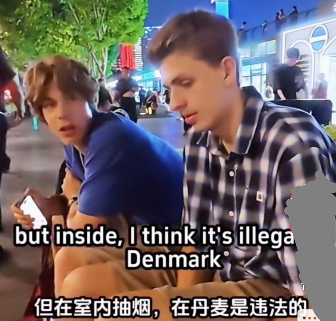 两个丹麦🇩🇰小帅哥结伴来中国旅游。当他俩坐在外滩小憩时，有个视频博主走上前，