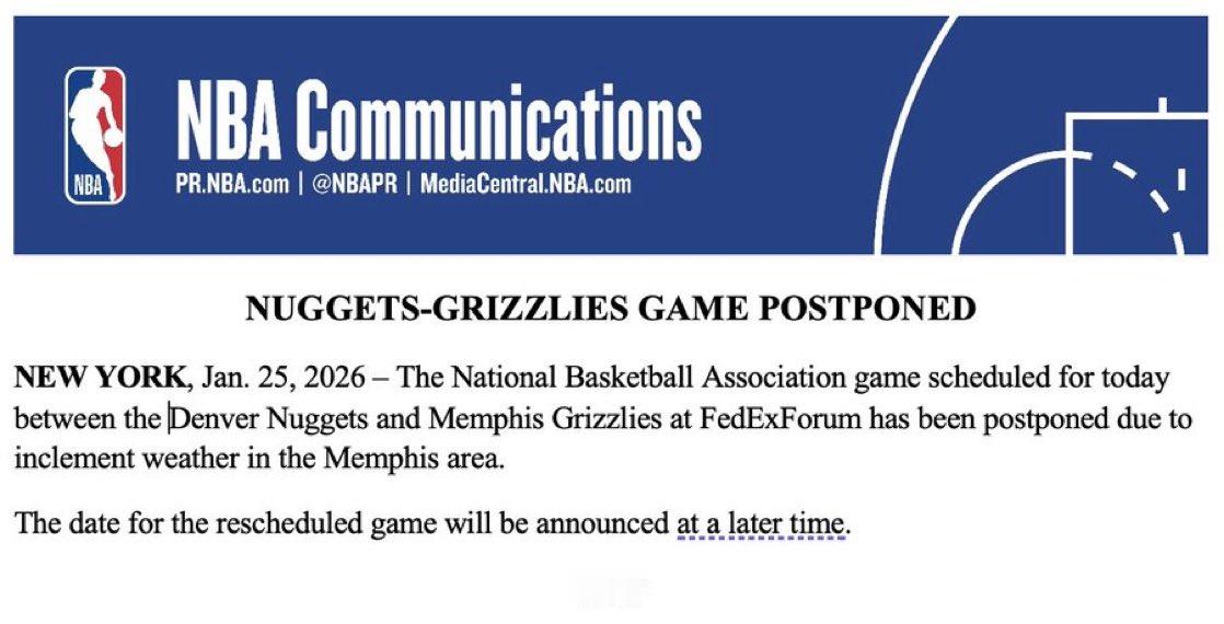 掘金灰熊比赛延期 由于恶劣天气，原定于今日进行的掘金灰熊和独行侠雄鹿的比赛都延期