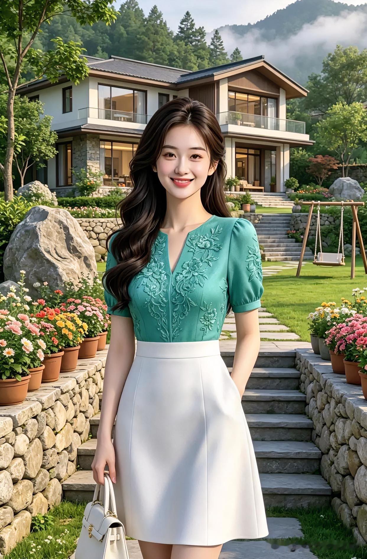 翠绣盈身映晓光，白裙曳地漾清芳。

石阶花径春风里，笑靥温婉似海棠。

山居雅韵