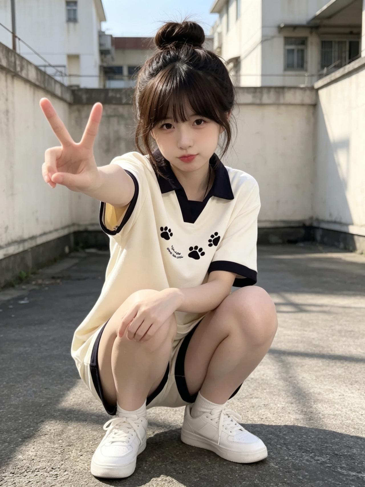 元气少女俏皮蹲拍，比V微笑，青春洋溢！🌞💕有哪些女生日常好看穿搭可以借鉴 小