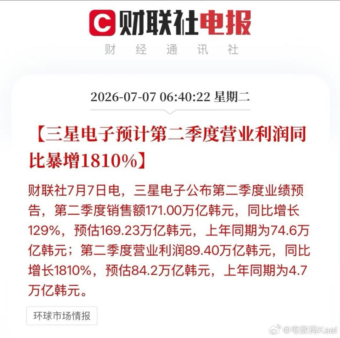 三星利润  三星电子的预告，今年第二季度，营业利润89.40万亿韩元（折合约58