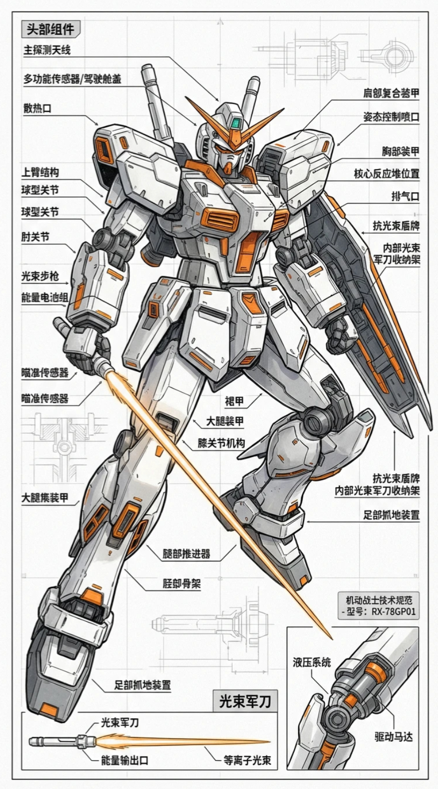 生成了一张高达机动战士的模型，并让它加上光束军刀等武器，也能准确出图。升级比较大