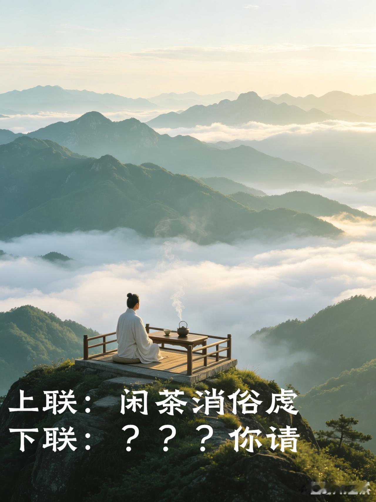 常逛下联坛，浏览诸位前辈妙联心生向往

上联：闲茶消俗虑
下联：？？？你请

日