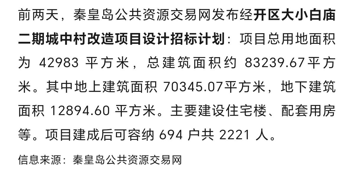 号外！秦皇岛这里要盖房子了！
秦皇岛经开区大小白庙二期城中村改造项目设计招标计划