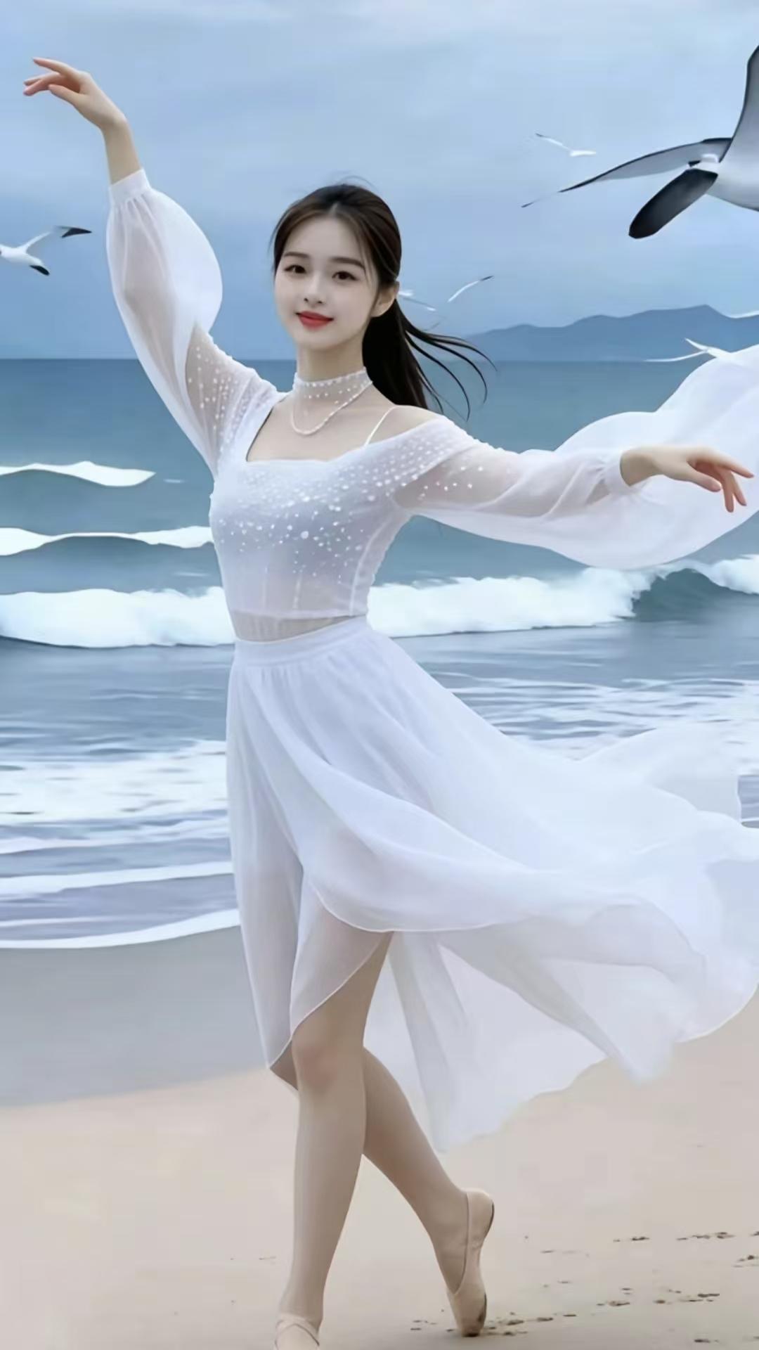 塞鸿秋·滩岸轻舞
白纱裁就滩头袂，
临风漫逐鸥鸿唳。
金沙轻点沾晨露，
罗袖轻分