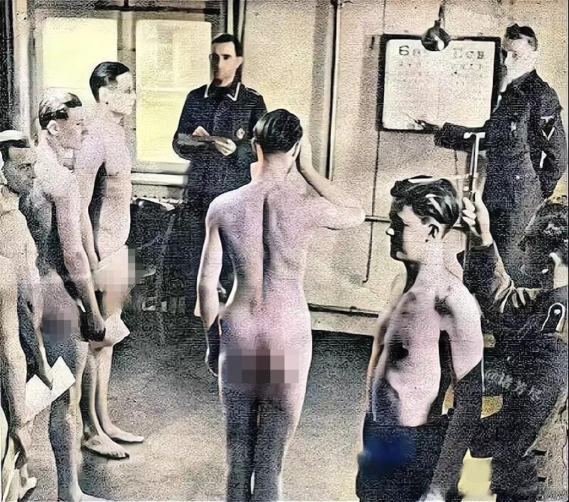 1933年，纳粹德国党卫军招募新兵时的体检现场。一群青年褪去全部衣物，有序站在房