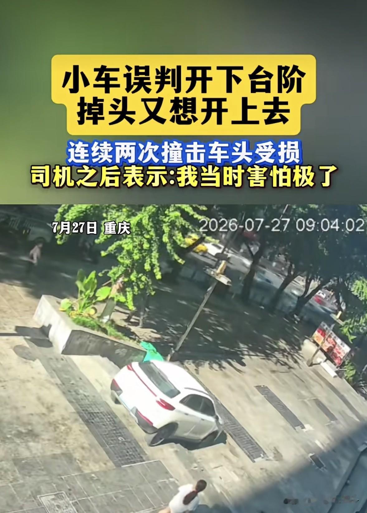 哥们你也真是个犟种
重庆一男子开车时由于误判，不小心把车子给开下了台阶，本以为他